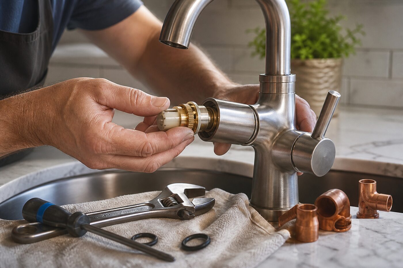 Hands repairing a kitchen faucet cartridge