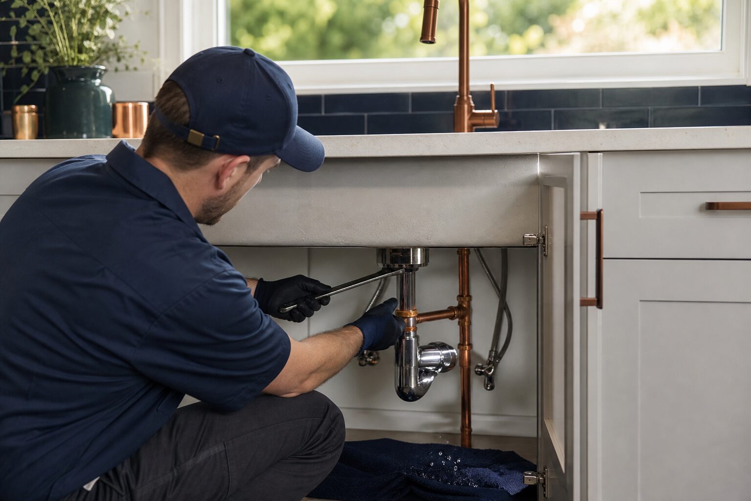 Technician repairing kitchen supply lines under a sink