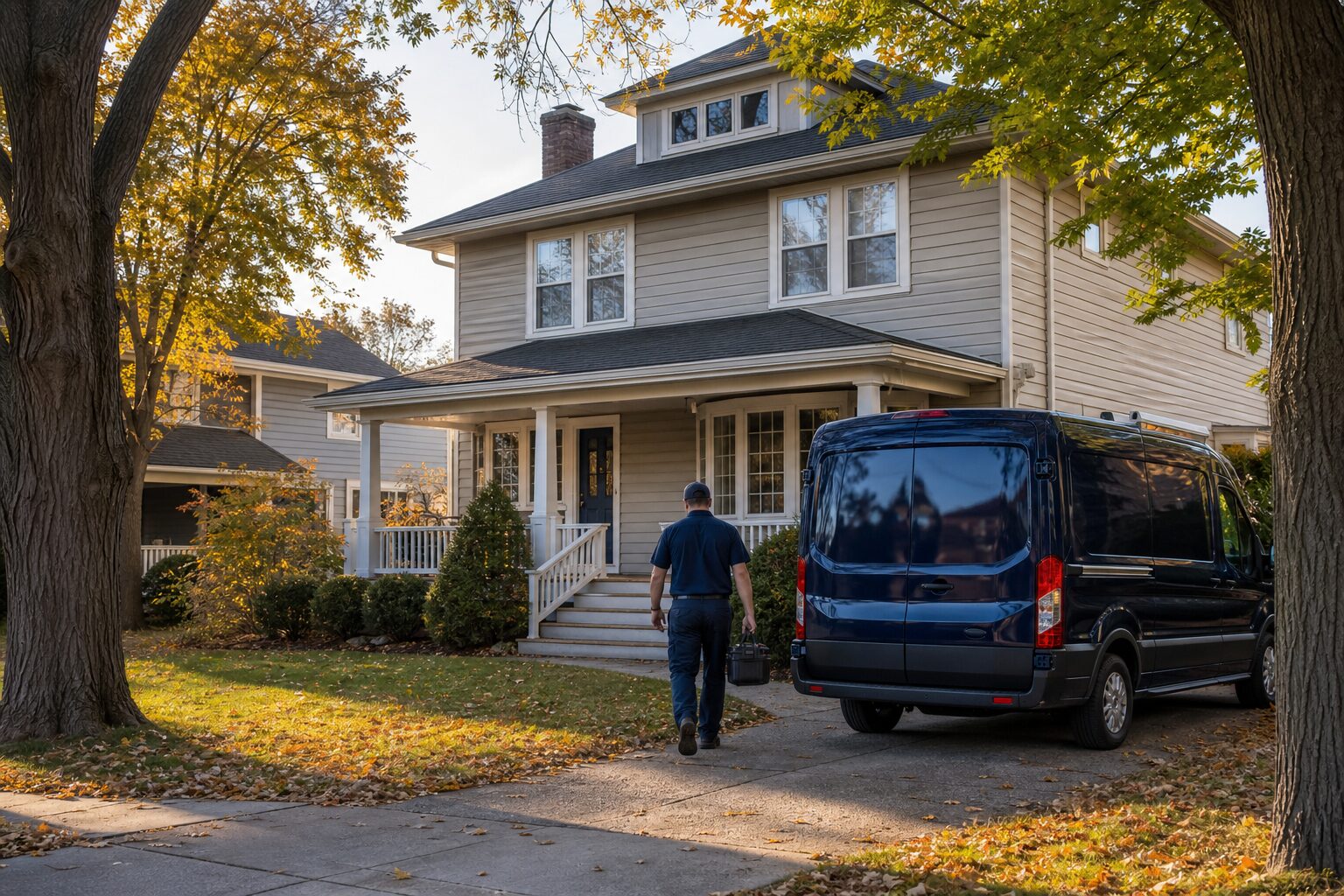 Navy work van in a Buffalo-area driveway, technician walking to the house