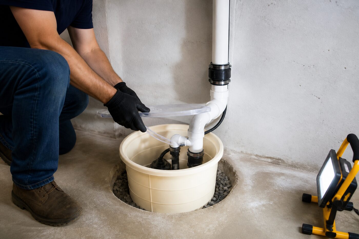 Residential sump pump in a basement crock