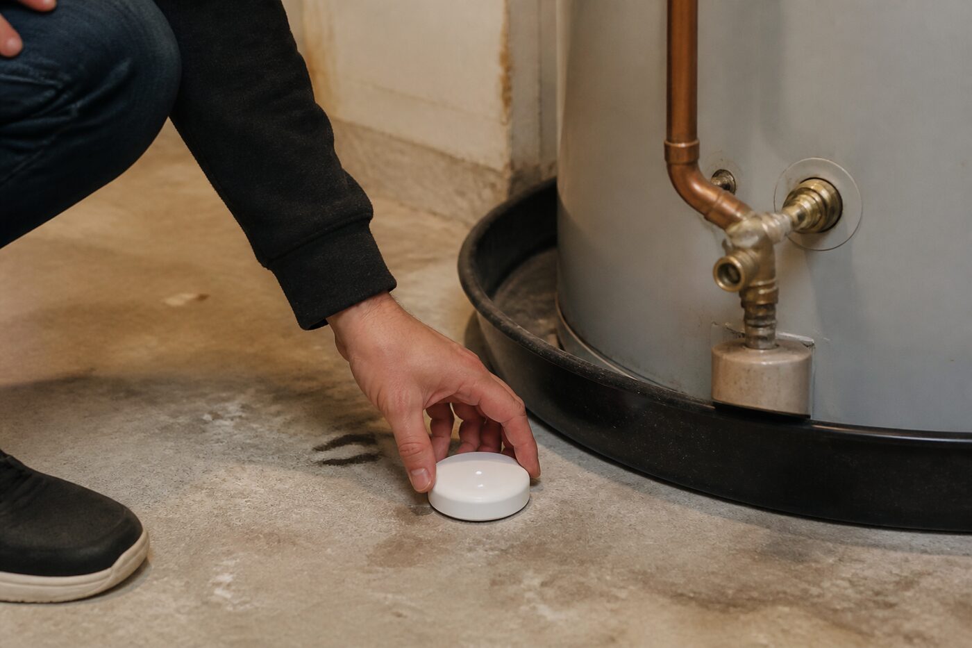 Smart water leak sensor on a utility room floor