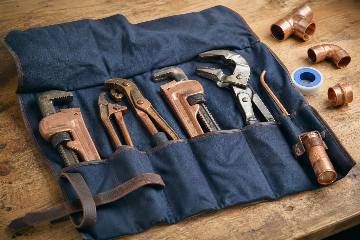 Pipe wrenches and copper fittings on a workbench